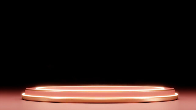 A circular red product podium featuring glowing warm neon rings stands against a dark, minimalist background.