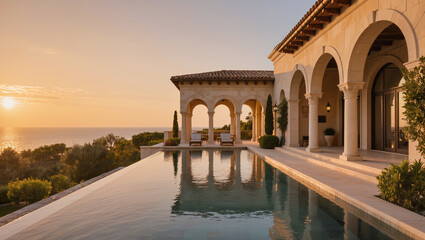 Obraz premium Luxury Villa Infinity Pool with Ocean Sunset View - Upscale Mediterranean Architecture