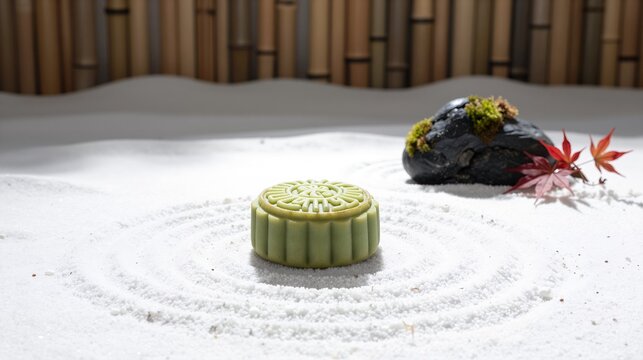 Green Matcha Mooncake on Raked White Sand Zen Garden with Bamboo Red Maple Leaf and Mossy Black Stone Asian Autumn Still Life