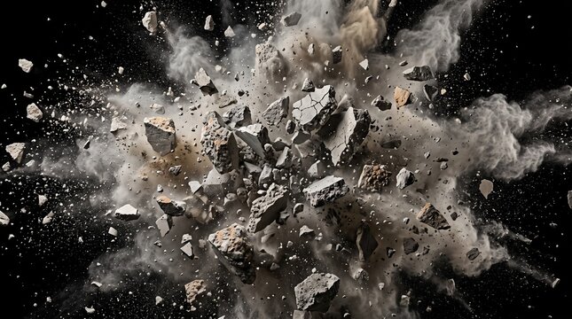 Exploding Concrete Debris with Dust Cloud Isolated on Black Background &ndash; Demolition and Impact Concept