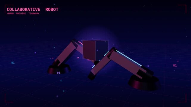 Collaborative twin arms shared workpiece, robotics and industrial automation concept 3D animation, seamless loop.