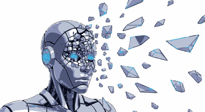 Robot with disintegrating face and blue eyes