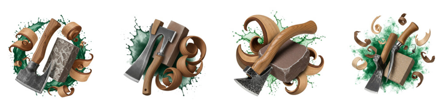 Set of axes with sharpening stones and wood shavings on green splashes