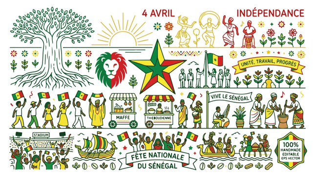 Senegal Independence Day vector illustration set, 4 Avril Fete Nationale cultural icons, African heritage symbols with lion and flag