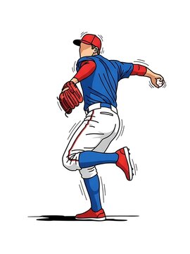 stylized full body illustration of a baseball pitcher in motion throwing ball on white background