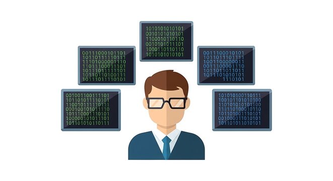 flat design illustration of a man surrounded by five computer monitors displaying binary code screens