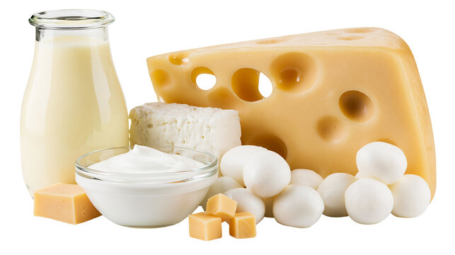 Dairy products assortment Swiss cheese mozzarella balls yogurt milk, and cheese cubes