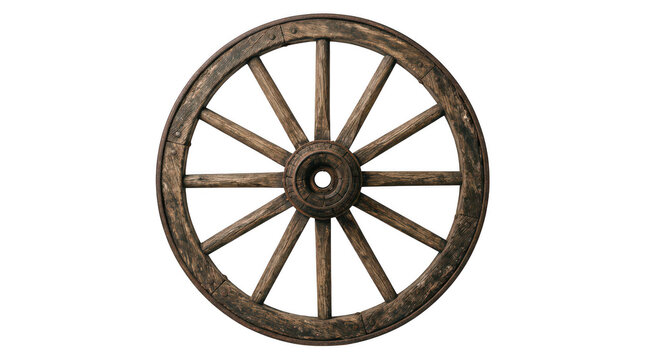 Old rustic wooden wagon wheel isolated on transparent background