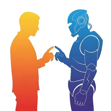 human and robot profiles touching index fingers against a plain white background in vibrant gradients