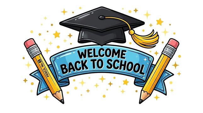 Welcome back to school banner with graduation cap and pencils