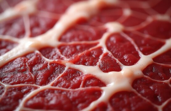 Close up of raw beef texture with white fat marbling. Deep red meat fibers visible. Uncooked beef slice, rich in protein and detail. Great for culinary backgrounds.