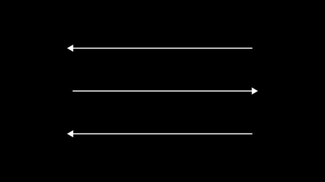 Three horizontal black arrow lines pointing opposite directions on black background. Three parallel arrow lines showing opposite flow direction.
