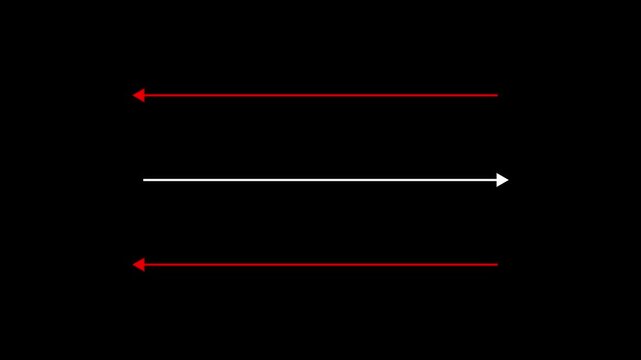 Three horizontal black arrow lines pointing opposite directions on black background. Three parallel arrow lines showing opposite flow direction.