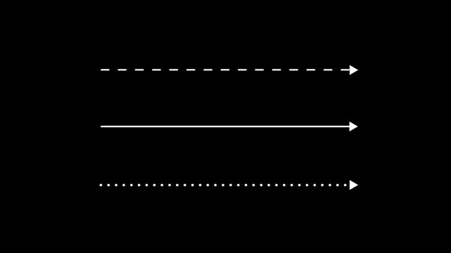 White straight arrows animation. Reveal and hide animation of solid, dashed, and dotted arrows. Isolated on a black background.