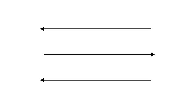 Three horizontal black arrow lines pointing opposite directions on white background. Three parallel arrow lines showing opposite flow direction.