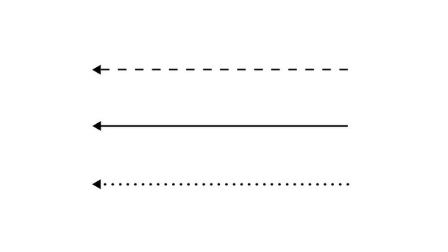 Black straight arrows animation. Reveal and hide animation of solid, dashed, and dotted arrows. Isolated on a white background.