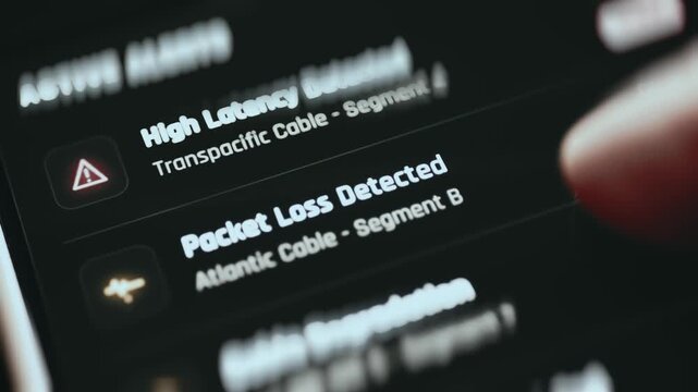 Active Alerts Panel With High Latency And Packet Loss Detected On Transpacific And Atlantic Cable Segments