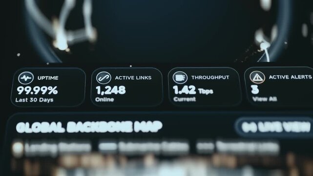 Uptime, Active Links, Throughput and Active Alerts Metric Cards Above Global Backbone Map