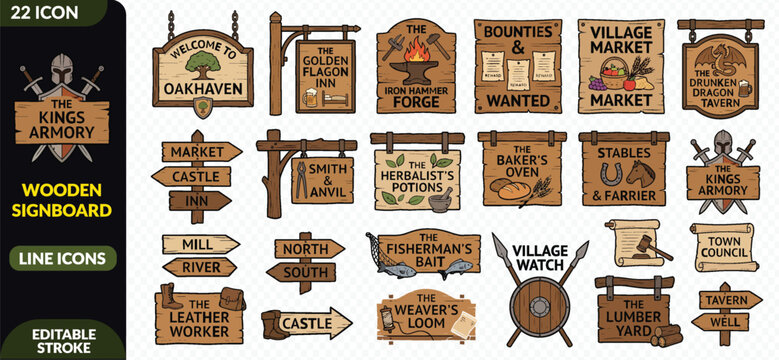 Set of vintage medieval wooden signboards and shop signs for fantasy village and town rpg map design elements