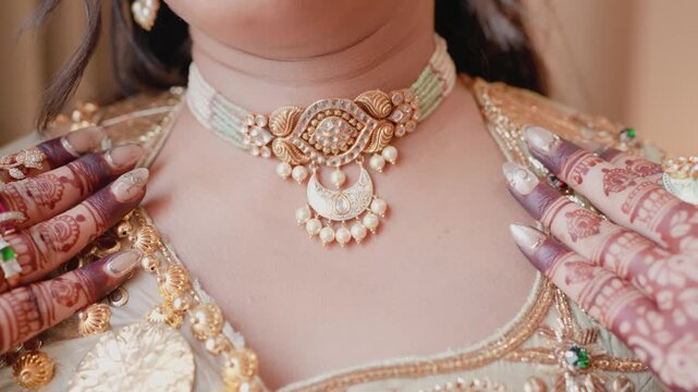 Close up of a South Asian bride adorned with exquisite wedding necklace, bridal nail art, and traditional rings.