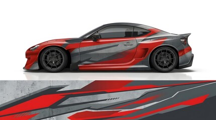 Fototapeta premium Modern Sports Car with Dynamic Red and Gray Abstract Graphic Wrap Design, Side View Studio Shot