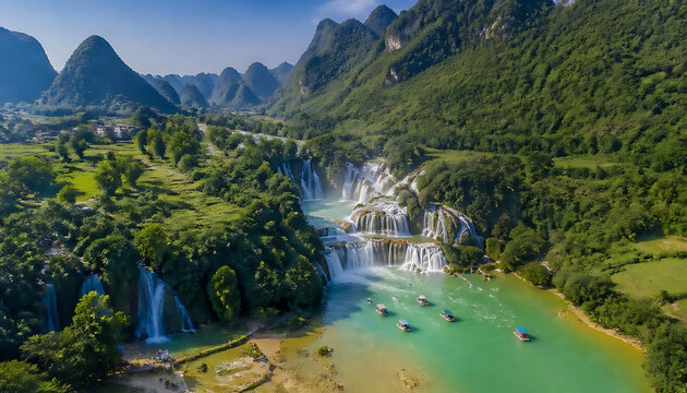 Drone photography of Ban Gioc Waterfalls in Vietnam. Ideal for travel marketing and vacation promotion ads.