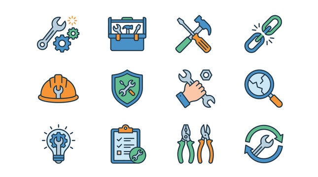 Colorful flat design icons for tools and industry concepts.