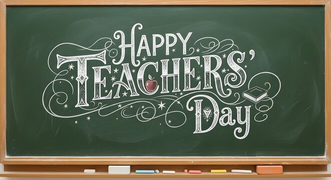 Happy teachers day chalkboard art with apple and decorative flourishes