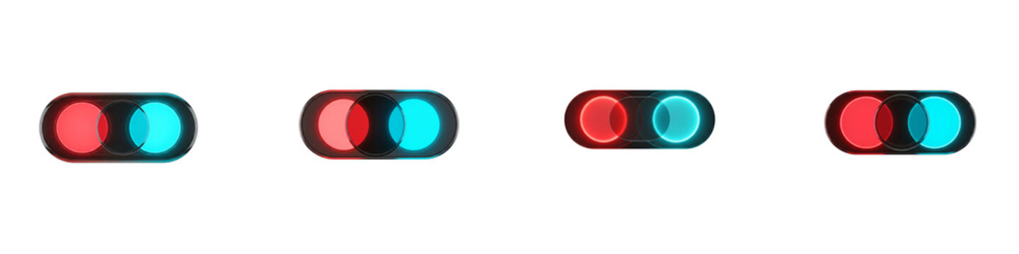 Set of glowing red and cyan toggle switches on a dark black background