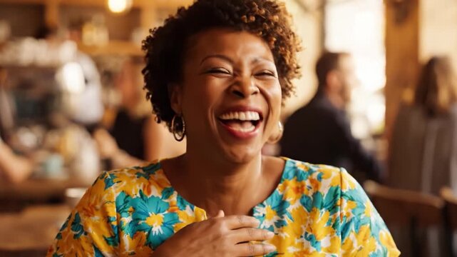 Joyful Moments Over Coffee: A Woman with a Bright Yellow and Blue Floral Top Enjoys Her Drink in a Lively Cafe Setting, Capturing Happiness and Connection.