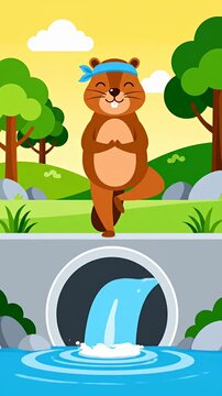 Cartoon beaver doing yoga pose by a waterfall.