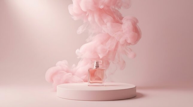 Perfume bottle on a pedestal with pink smoke effect