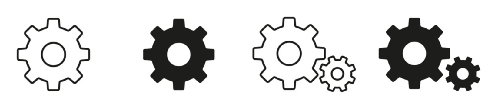 Gear settings icon set. Configuration options, preferences, software controls, and industrial automation vector illustrations. Simple signs for technology, and application settings. Editable icons.