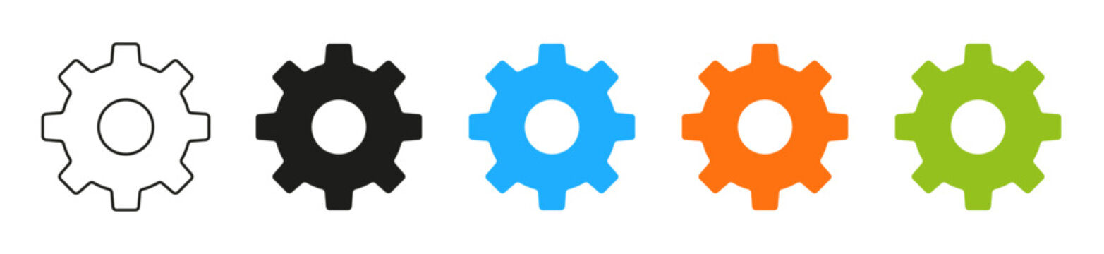 Gear icon set. Cogwheel, settings menu, configuration options, and software interface vector illustrations. Simple signs for technology, automation, machinery and application settings. Editable icons.