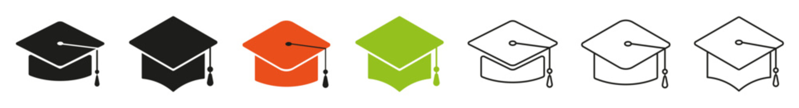 Graduation cap icon. Academic graduation, university education, student achievement, diploma ceremony, higher education, mortarboard collection. Editable icons. Vector illustration.