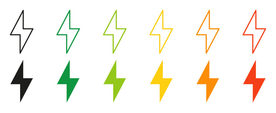 Energy icon. Electricity consumption, power efficiency, energy performance, lightning bolt, electric power, voltage indicator, renewable energy collection. Editable icon. Vector.