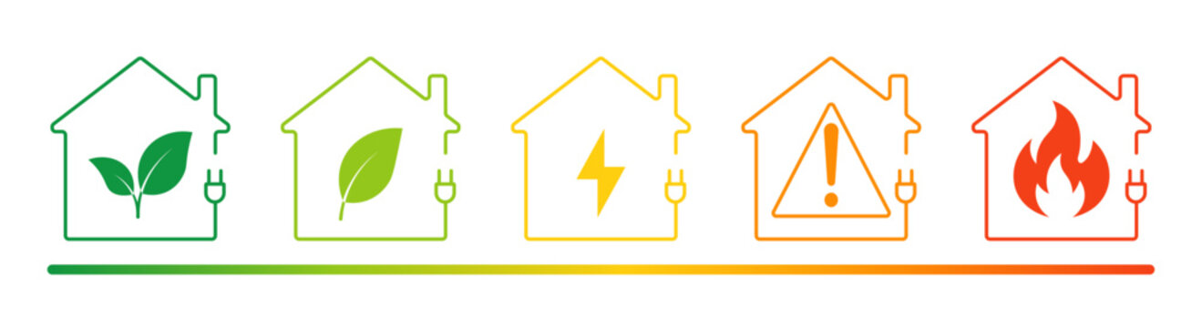 Energy consumption icon. Energy efficiency, electricity usage, power rating, energy label, consumption levels, electric performance, sustainability collection. Editable icon. Vector.