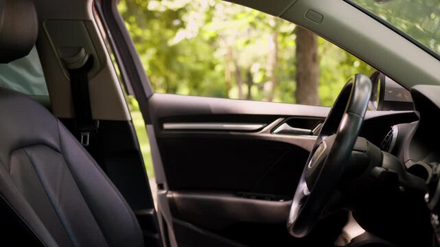 Happy Caucasian mature senior woman talking phone call get out of car old granny retired female driver smile laugh leaving auto talk mobile conversation smiling laughing chatting leave automobile