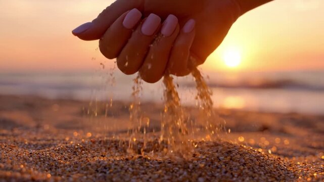 A Tranquil Sunset by the Shore, Capturing the Moment of Sand Slipping Between Fingers, as the Golden Horizon Basks in the Warmth of Dusk's Embrace