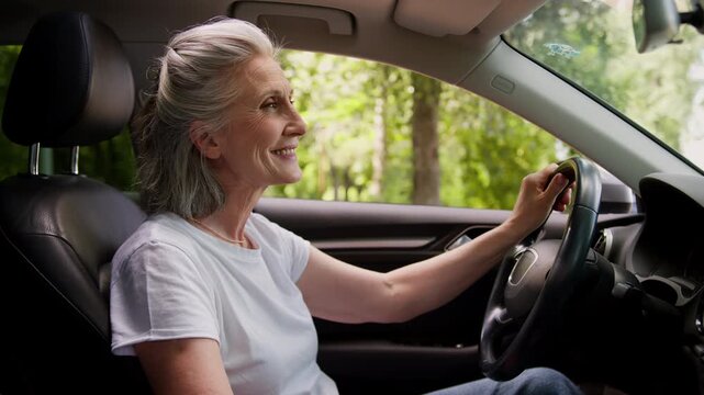 Smiling Caucasian old woman sitting inside car enjoying driving looking at camera smile happy mature lady senior retired female driver in modern auto vehicle enjoy automobile test drive rent service