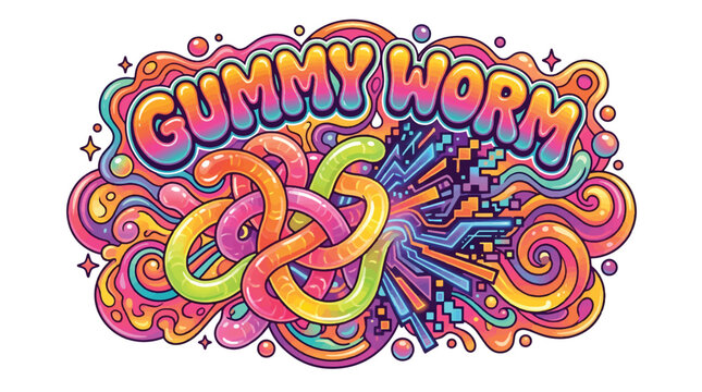 Gummy Worm Candy Illustration with Playful Retro Pixel Art Style