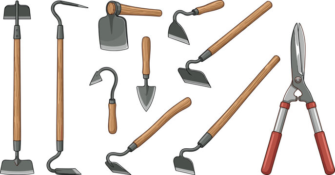 Garden Hand Tools Vector Illustration Set Featuring Shears Hoes Weeders Trowels and Cultivators with Wooden Handles for Backyard Agriculture and Landscaping Graphic Designs
