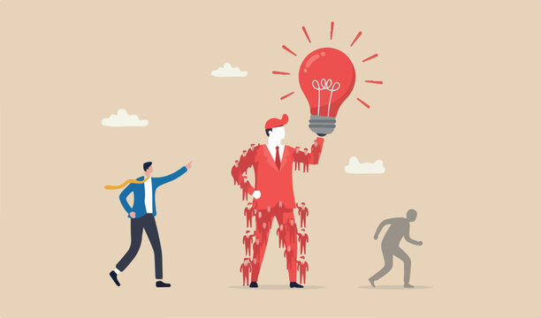Think big, aspiration to win and success in business idea creativity imagination team meeting red man overcome concept smart businessman entrepreneur thinking big oversized idea lightbulb