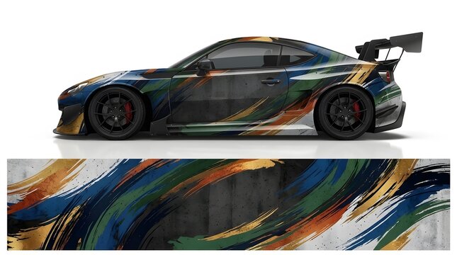 Abstract Brushstroke Car Wrap Design with Spoiler and Wheels - Modern Automotive Vinyl Sticker Art