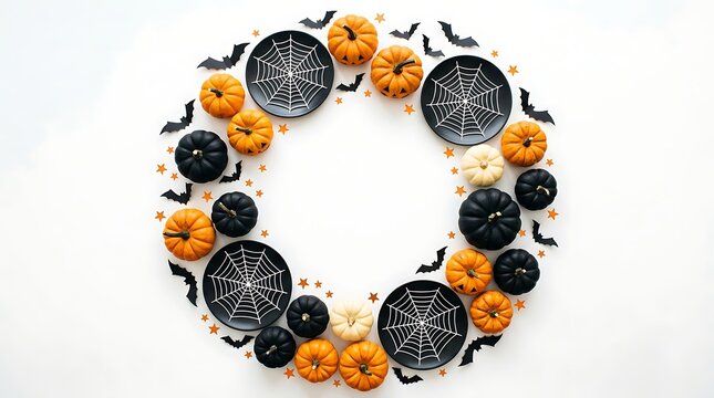 Halloween wreath with pumpkins, spider web plates, bats and stars isolated on white background
