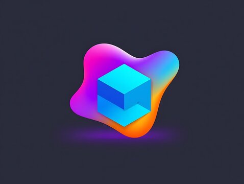 Abstract 3d blue cube icon floating on a colorful liquid fluid shape on dark grey background
