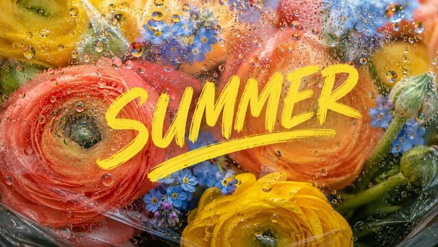 Abstract visual texture of bright orange and yellow ranunculus with blue forget me nots wrapped in wet plastic film featuring yellow summer lettering and dew drops as a concept of dopamine decor
