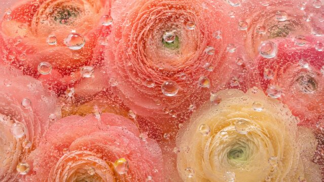 Creative botanical pattern distorted with pastel pink peach and yellow ranunculus blooms seen under liquid glass with round water bubble spheres and tactile dew drops as a concept of dopamine decor