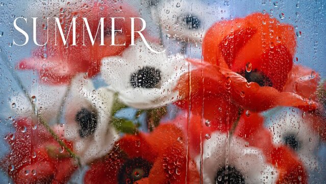 Contemporary tactile background featuring bright red poppies, white anemones and elegant summer typography behind wet rainy glass with streaming water droplets as a concept of summer freshness