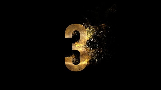 Beautiful Golden Number 3 with golden particles and transparent background, golden number three